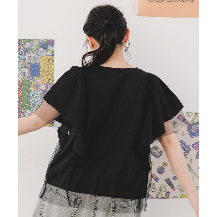 Tシャツ SALE ScoLar スカラー 151670 ロックなキャッツ柄 チュール重ねTシャツ トップス カジュアル ガーリー 原宿系 個性的 ScoLar Tシャツ SALE スカラー 151670 ロックなキャッツ柄