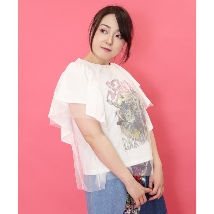 ロックなキャッツ柄 チュール重ねTシャツ[品番：SRSW0000048