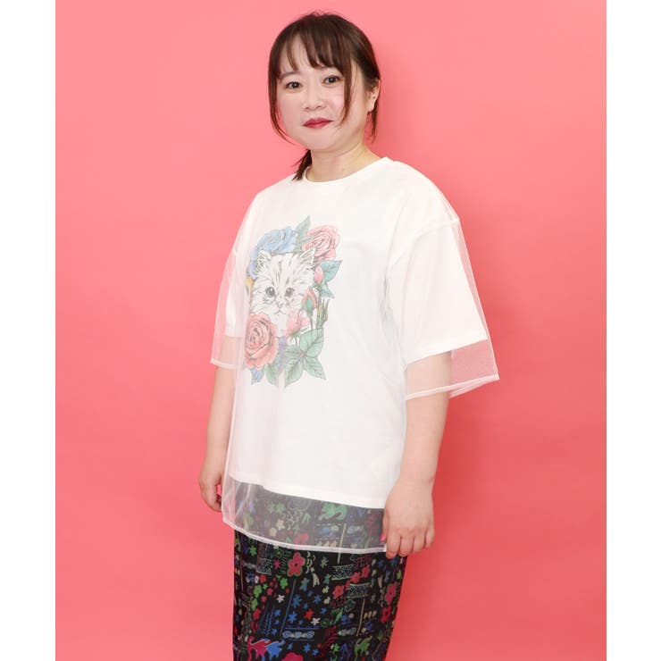 花とネコちゃん柄 チュール重ねプルオーバー[品番：SRSW0000132