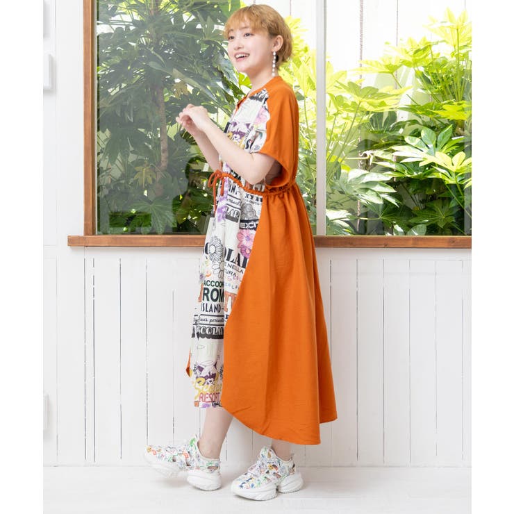 【新品】定価9800円！CEPO  七分袖ワンピース レンガ色 M ソフトポンチ・Aライン7分袖ワンピース/DoCLASSE