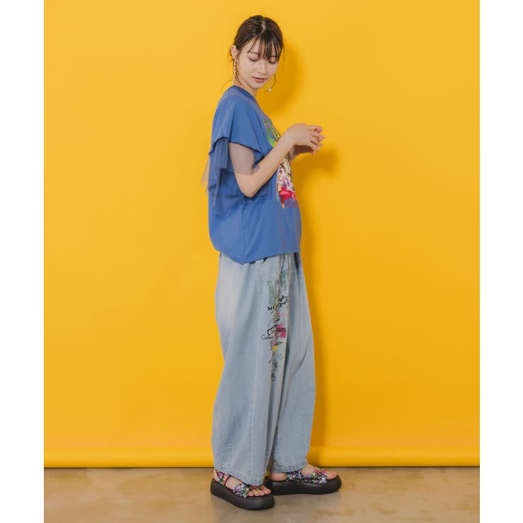 Tシャツ SALE ScoLar スカラー 152664 ネコ×ロック柄 メッシュ切替Tシャツ トップス カジュアル ガーリー 猫 原宿系 個性的 ポイント スカラー ScoLar ネコ×ロック柄 メッシュ切替Tシャツ