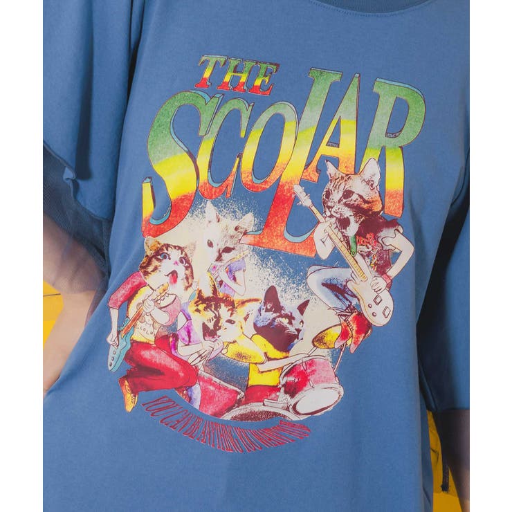 Tシャツ SALE ScoLar スカラー 152664 ネコ×ロック柄 メッシュ切替Tシャツ トップス カジュアル ガーリー 猫 原宿系 個性的 ポイント ネコ×ロック柄 メッシュ切替Tシャツ[品番：SRSW0000103]｜ScoLar