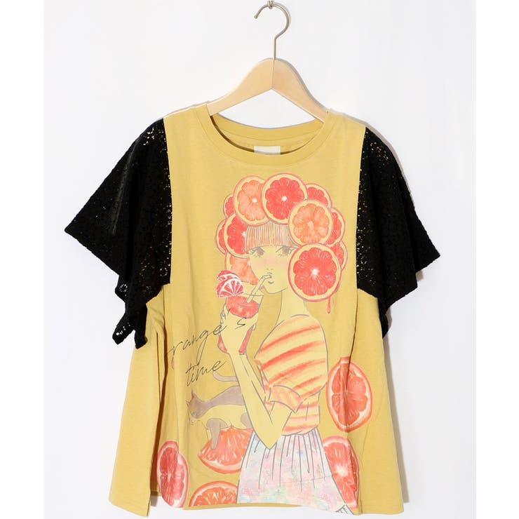 オレンジスカラーちゃん 柄レース袖Tシャツ[品番：SRSW0000172