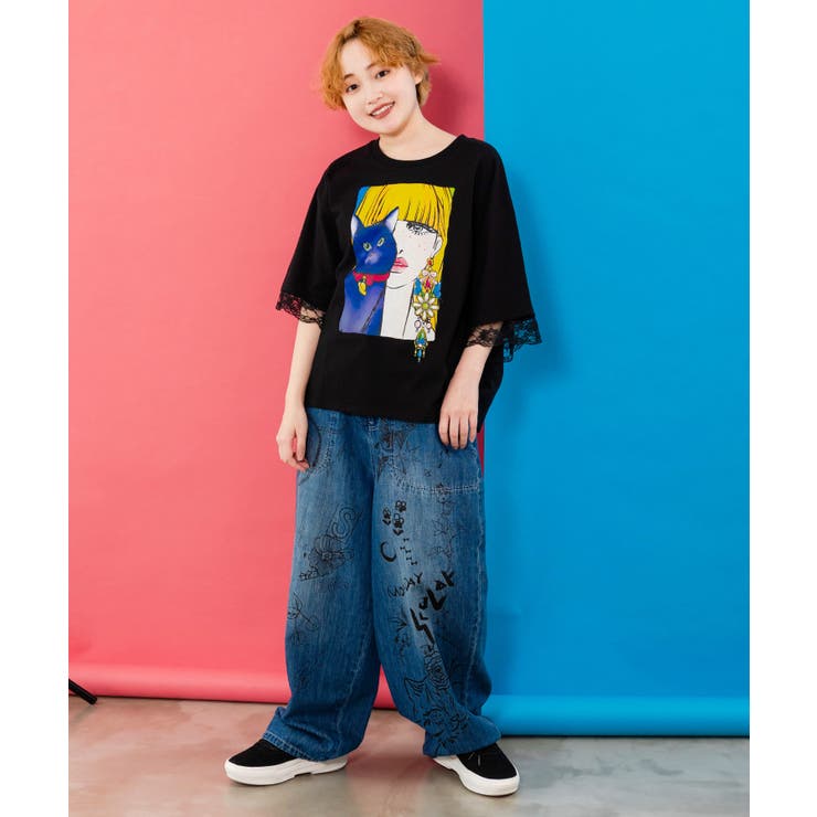 スカラー　152697：ラクガキ・コラージュ柄 2柄展開デニムパンツ 152697：ラクガキ・コラージュ柄 2柄展開デニムパンツの通販-ScoLar
