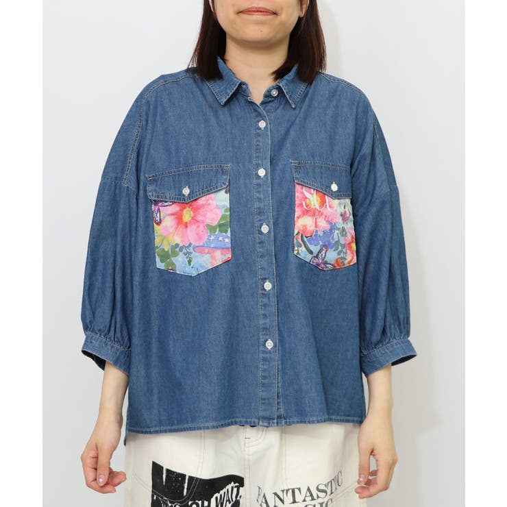 花柄ポケット付 デニムシャツ[品番：SRSW0000111]｜ScoLar