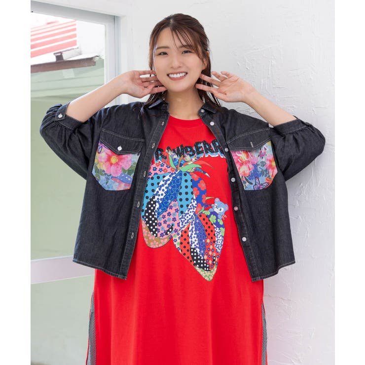 イズスカラー　デニムジャケット　異素材　切り替え　花柄　ツイード 花柄ポケット付 デニムシャツ[品番：SRSW0000111]｜ScoLar
