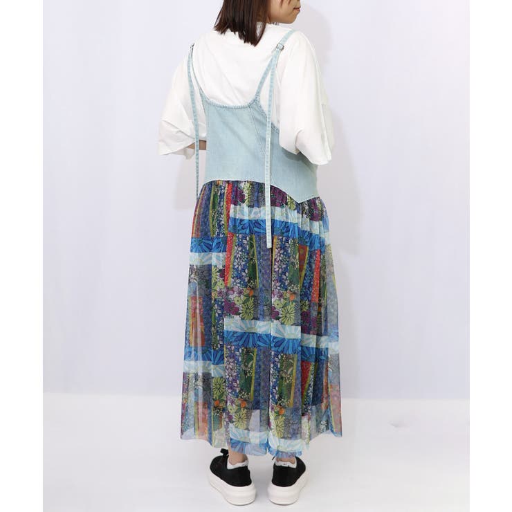 ヒス、カラフル総柄キャミ更にお値下げ！！ スカラー ScoLar スカラー総柄デニム切替キャミワンピ （サックス