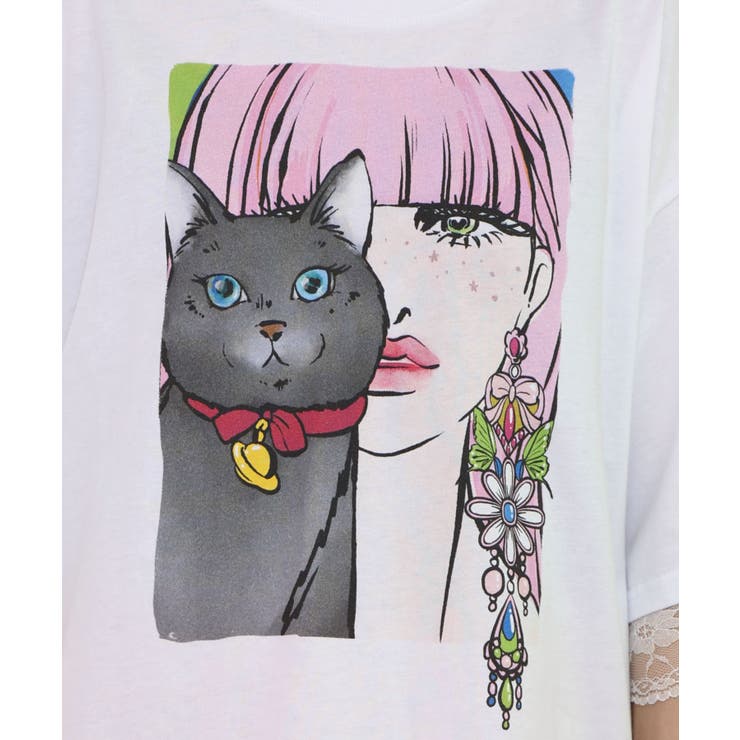 ネコと女の子の自撮り柄 レース切替Tシャツ[品番：SRSW0000113