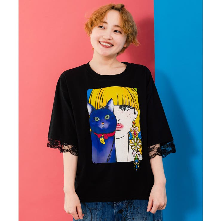 ネコと女の子の自撮り柄 レース切替Tシャツ[品番：SRSW0000113
