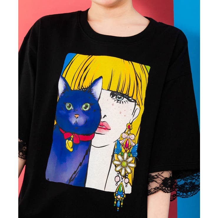 ネコと女の子の自撮り柄 レース切替Tシャツ[品番：SRSW0000113