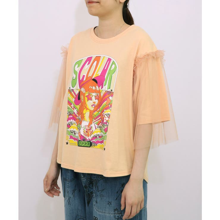 キノコ柄とアニメ風女の子チュール重ねTシャツ[品番：SRSW0000115