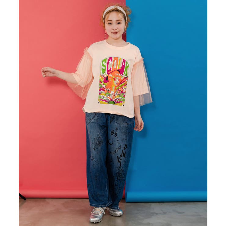 キノコ柄とアニメ風女の子チュール重ねTシャツ[品番：SRSW0000115