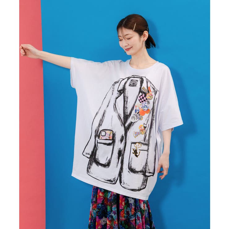 スカラー ScoLar ジャケットトリックアート柄 バッヂ付きチュニック （ブラック） スカラー ScoLar ジャケットトリックアート柄 バッヂ付き