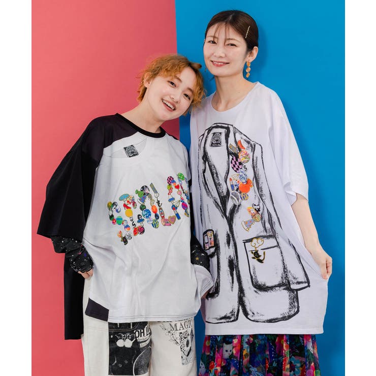 OLLEBOREBLA♥️チェックドットアニマル柄アンゴラ混モノクロチュニック ジャケットトリックアート柄 バッヂ付きチュニック[品番