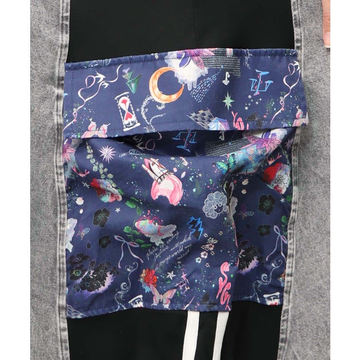 【 スカラー 】　宇宙柄　ジャージ　切り替え　デニム　スカート　美品 スカラー ScoLar 宇宙柄ジャージ切替デニムスカート （ブルー