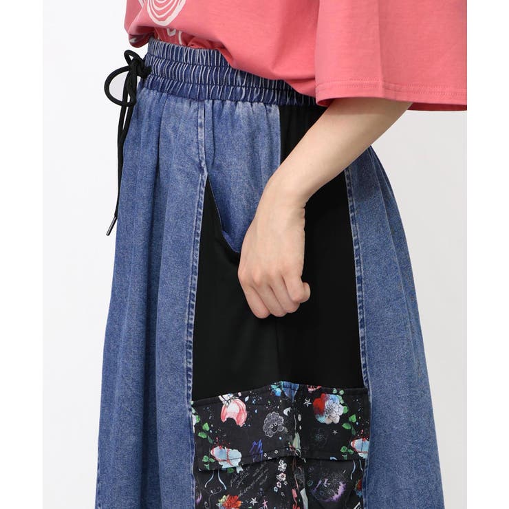 ScoLar スカラー 花 ラビル 宇宙柄 ケミカル加工 デニム スカート ScoLar（スカラー） 花ラビル宇宙柄 ケミカル加工デニムスカート