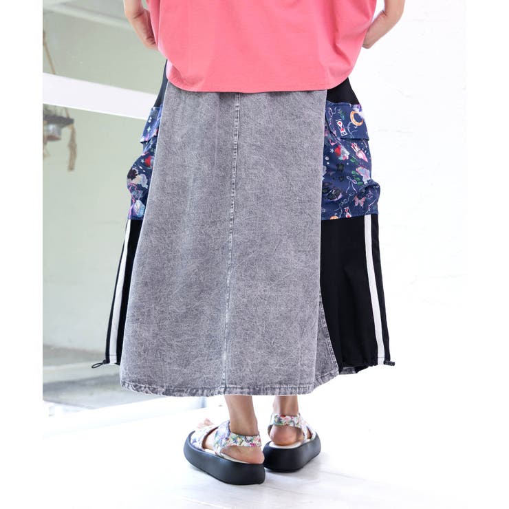 スカラー切り替えデニムスカート スカラー ScoLar フリンジ切替デニムスカート （サックス