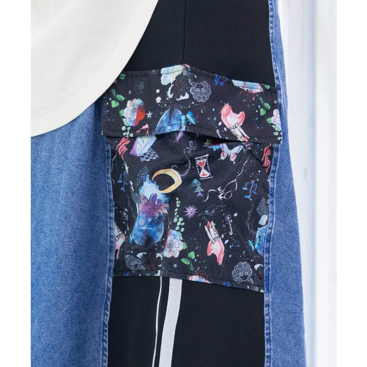 【 スカラー 】　宇宙柄　ジャージ　切り替え　デニム　スカート　美品 スカラー ScoLar 宇宙柄ジャージ切替デニムスカート （ブルー