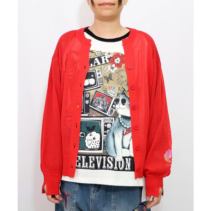 レッド | スカラー箔プリント 接触冷感ニットカーディガン | ScoLar