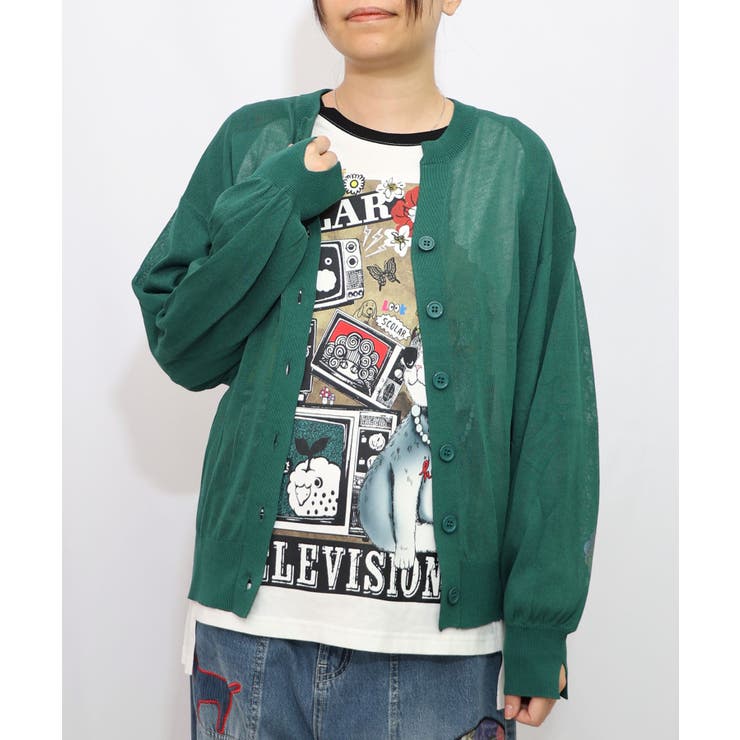 グリーン | スカラー箔プリント 接触冷感ニットカーディガン | ScoLar