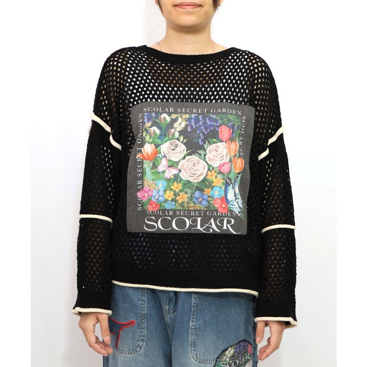 ブラック | 花アップリケ2WAYメッシュプルオーバー | ScoLar