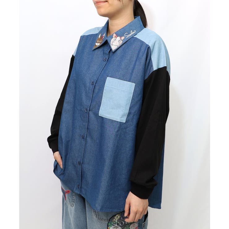 ブルー | ネコ刺繍襟シャンブレーシャツ | ScoLar