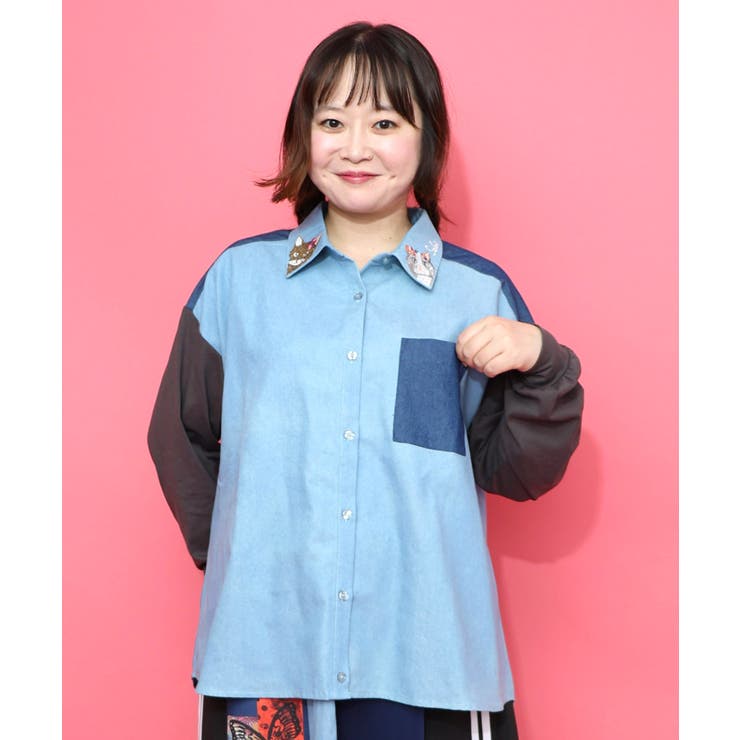 サックス | ネコ刺繍襟シャンブレーシャツ | ScoLar