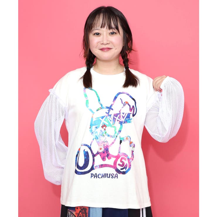 オフホワイト | パチうさプリント メッシュ袖Tシャツ | ScoLar