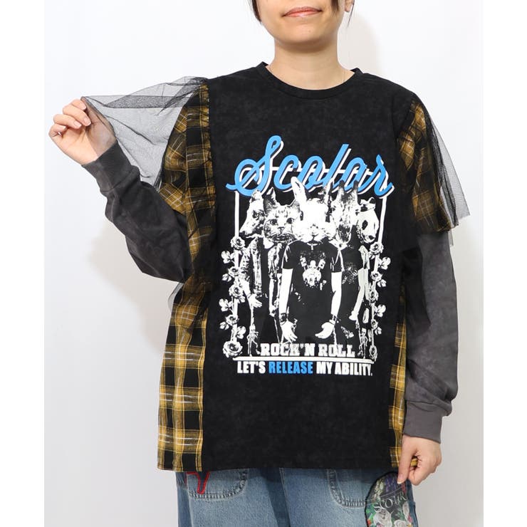 ブラック | ロックなアニマル柄 異素材切替2WAYロンT | ScoLar