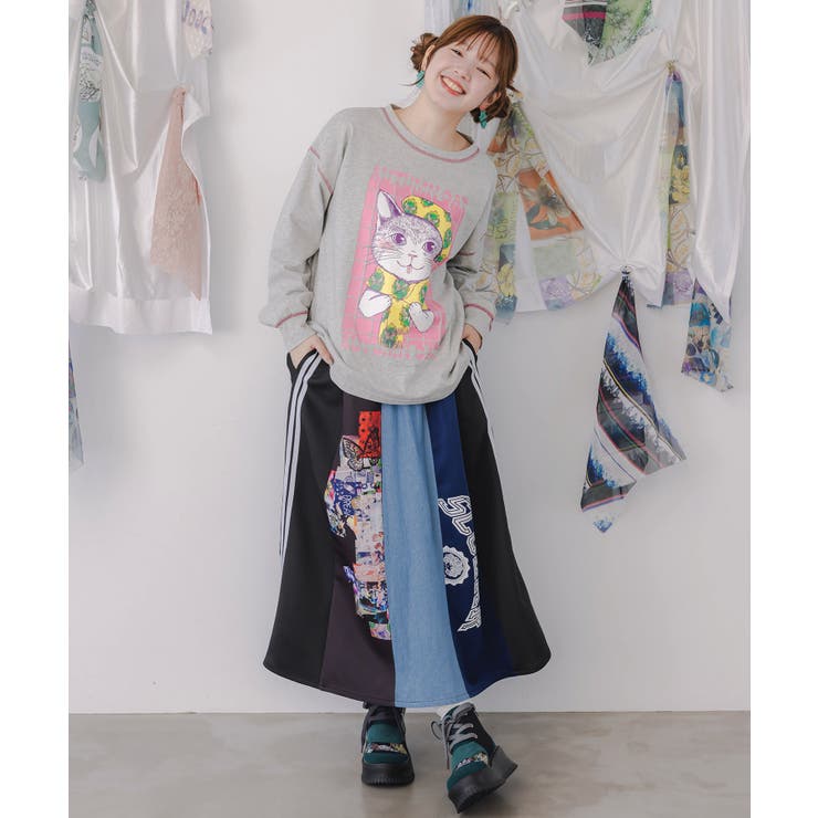 ロゴコラージュ柄 デニム×ジャージ切替スカート | ScoLar | 詳細画像1 