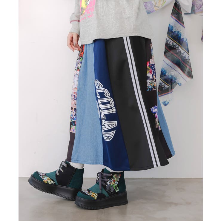 ロゴコラージュ柄 デニム×ジャージ切替スカート | ScoLar | 詳細画像2 