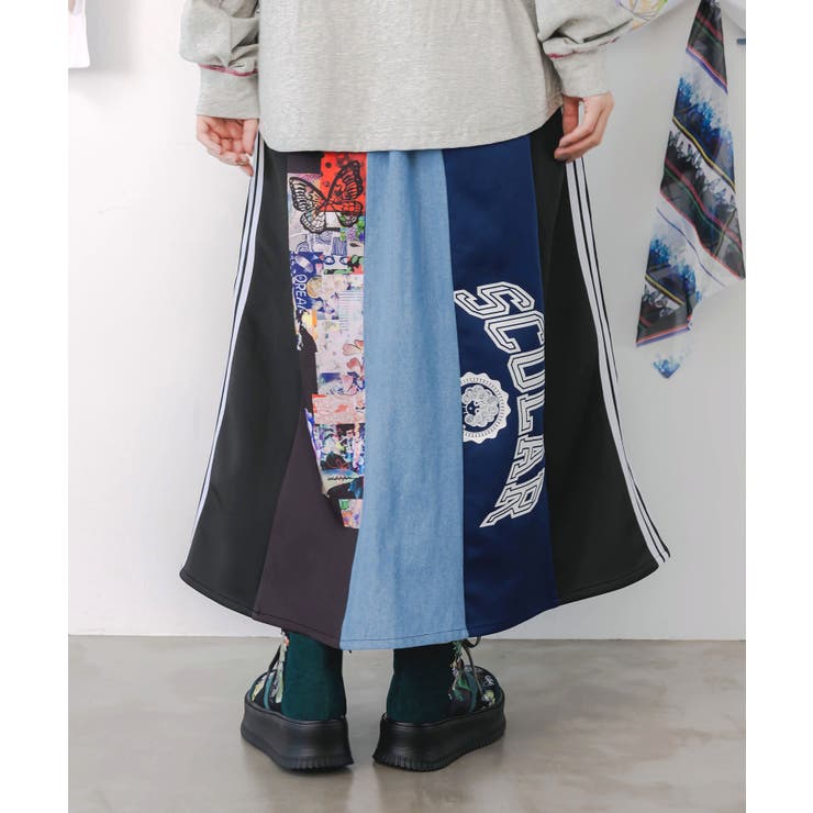 ロゴコラージュ柄 デニム×ジャージ切替スカート | ScoLar | 詳細画像3 