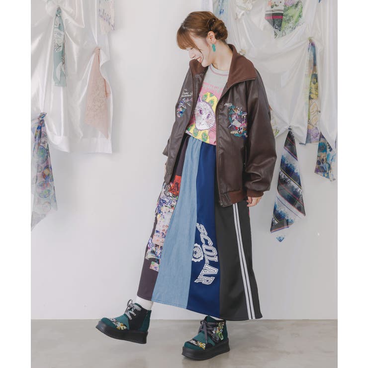 ロゴコラージュ柄 デニム×ジャージ切替スカート | ScoLar | 詳細画像6 