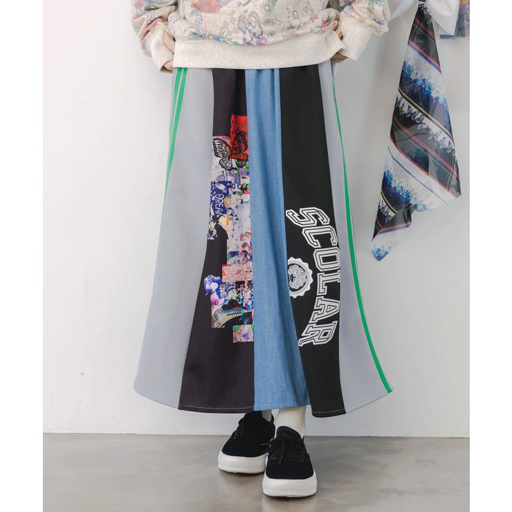 グレー | ロゴコラージュ柄 デニム×ジャージ切替スカート | ScoLar