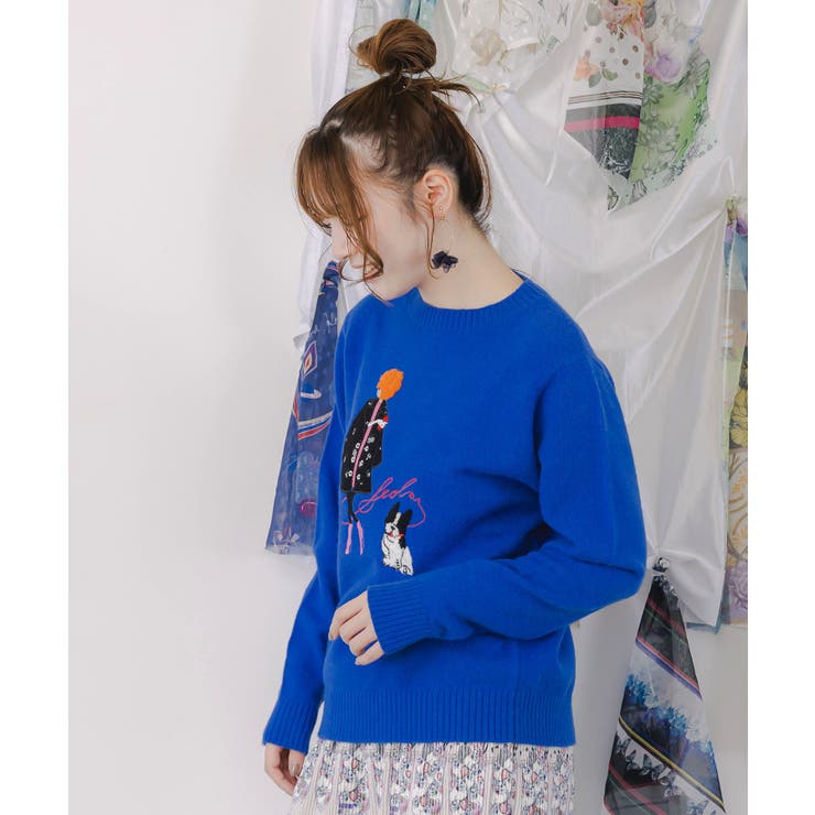 女の子とワンちゃん刺繍アップリケ ニットプルオーバー | ScoLar | 詳細画像3 