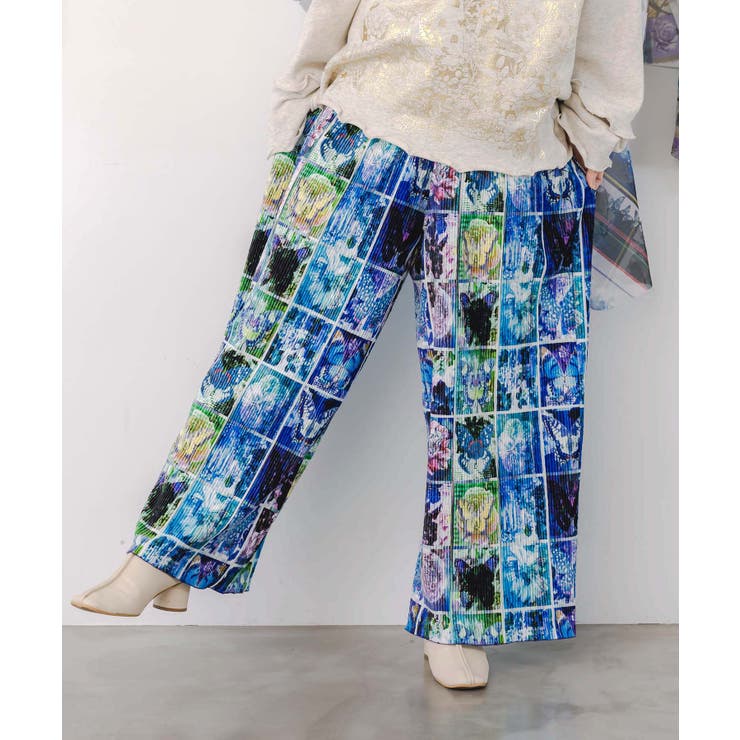 パープル | ネコパフェ・蝶柄 ベロアプリーツパンツ | ScoLar