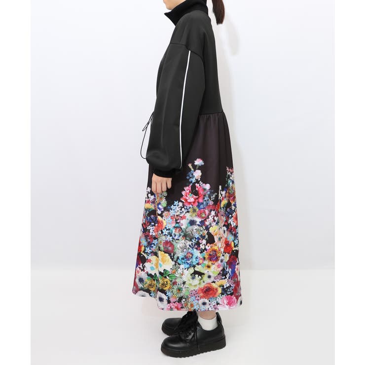 花柄に隠れ黒ネコ柄 ハーフジップジャージワンピース | ScoLar | 詳細画像9 