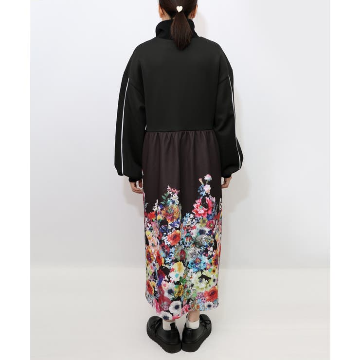 花柄に隠れ黒ネコ柄 ハーフジップジャージワンピース | ScoLar | 詳細画像10 