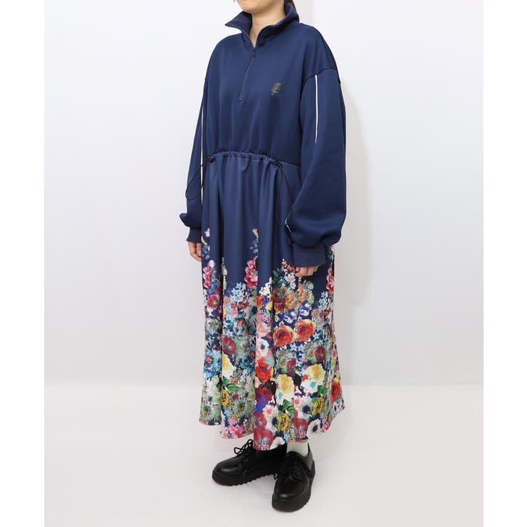 花柄に隠れ黒ネコ柄 ハーフジップジャージワンピース | ScoLar | 詳細画像12 