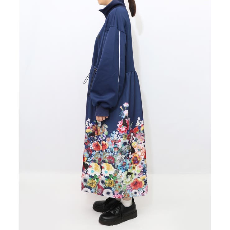 花柄に隠れ黒ネコ柄 ハーフジップジャージワンピース | ScoLar | 詳細画像13 