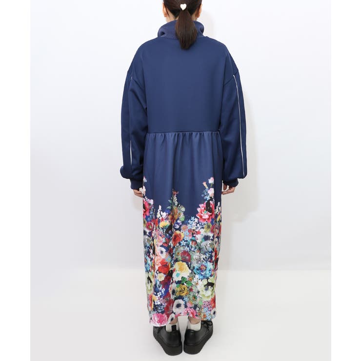 花柄に隠れ黒ネコ柄 ハーフジップジャージワンピース | ScoLar | 詳細画像14 