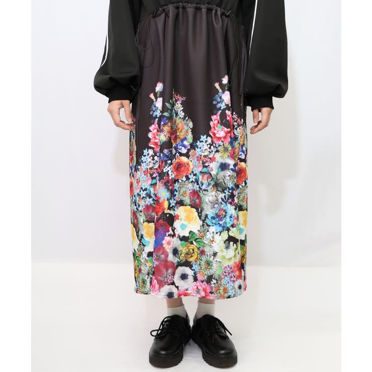 花柄に隠れ黒ネコ柄 ハーフジップジャージワンピース | ScoLar | 詳細画像18 