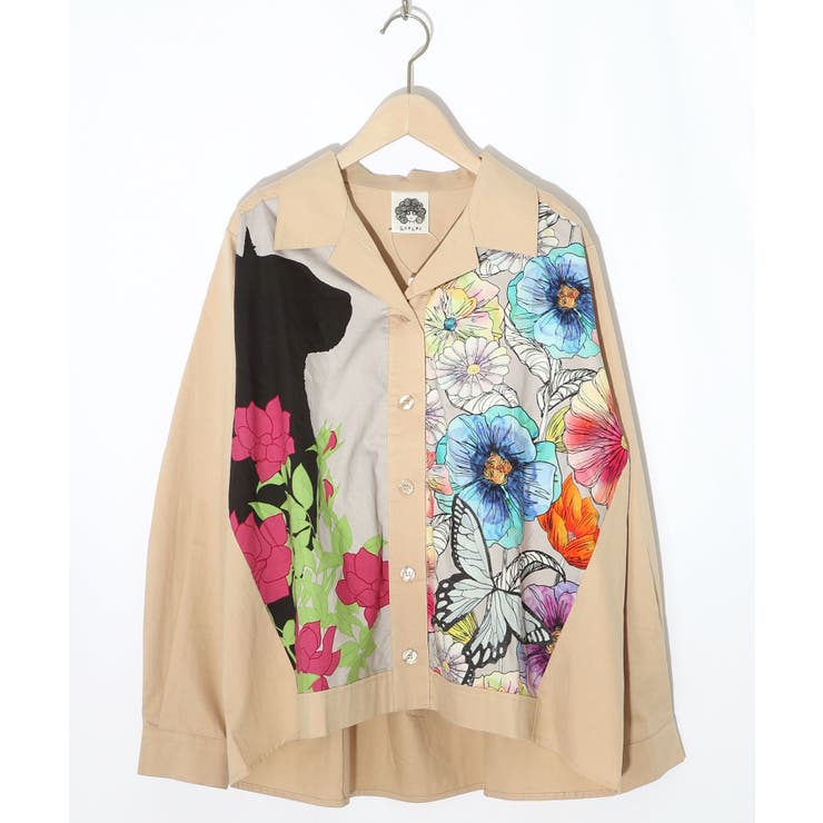 アイボリー | ネコ花柄切替シャツ | ScoLar