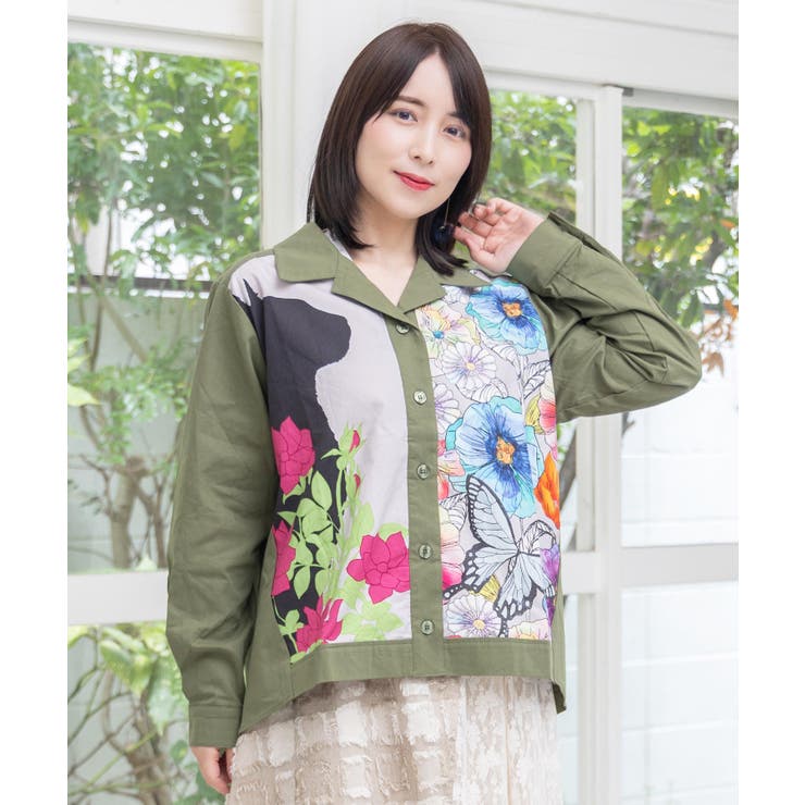 カーキ | ネコ花柄切替シャツ | ScoLar