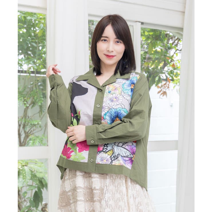 ネコ花柄切替シャツ | ScoLar | 詳細画像2 