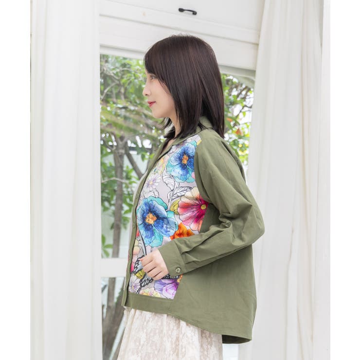 ネコ花柄切替シャツ | ScoLar | 詳細画像3 