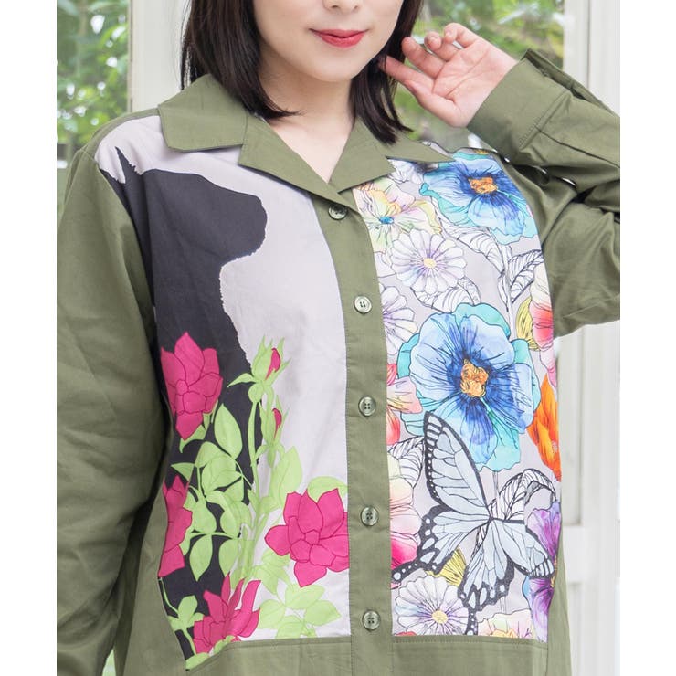 ネコ花柄切替シャツ | ScoLar | 詳細画像6 