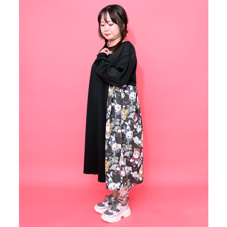 おめかしネコ柄 切替ワンピース[品番：SRSW0000232]｜ScoLar（スカラー