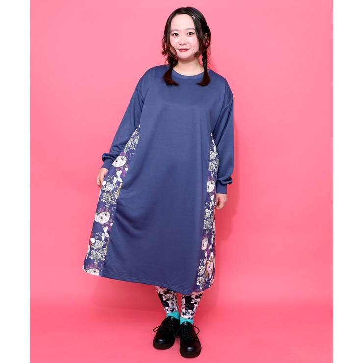 y様　美品　ケイミー　琉球紅型　藍 和柄 切替シェルワンピース　ジャージー おめかしネコ柄 切替ワンピース[品番：SRSW0000232]｜ScoLar（スカラー