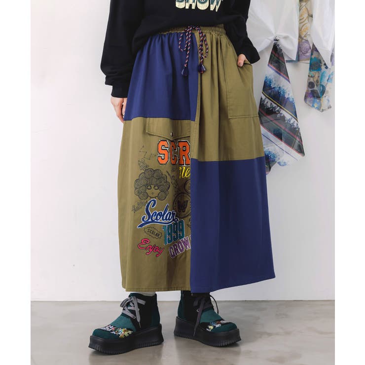 カーキ | レトロ異素材バイカラーワークスカート | ScoLar